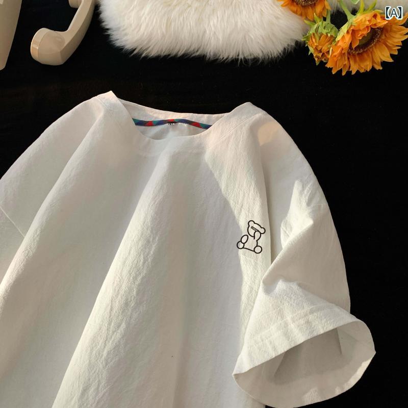 Tシャツ チャイナ風 リネン 半袖 シャツ メンズ 夏 オーバー サイズ 厚手 中学生 クマ 10代 ゆったり