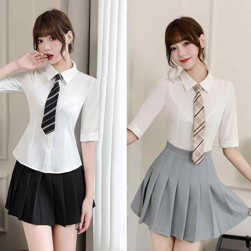 エステシャン ユニフォーム スーツ 夏 制服 白 半袖 シャツ レディース プリーツスカート ネクタイ
