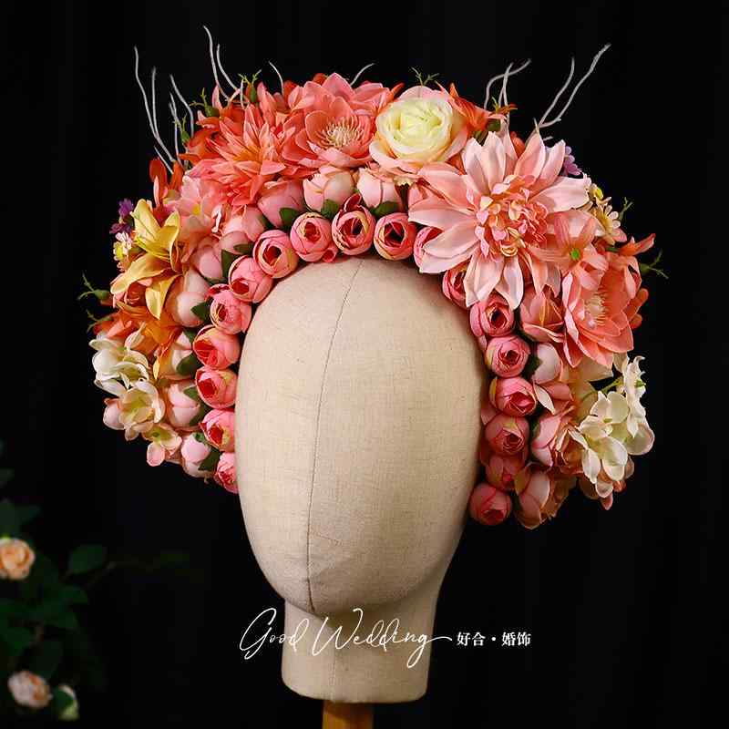 カチューシャ ヘアアクセサリー ブライダル ウェディング レディース フラワー オレンジ 赤 チャイナ風 レトロ エスニック 花 ヘアバンド 華やか オリエンタル