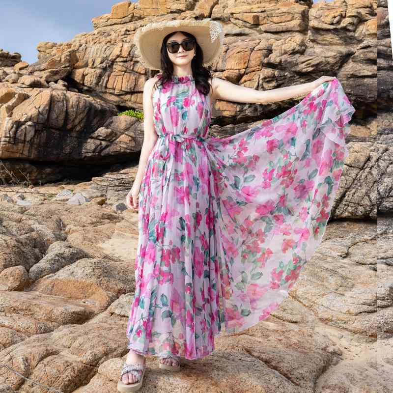 夏 ファッション おしゃれ ホルターネック シフォン ビーチ スカート レディース 夏 海辺 ホリデー プリント フェアリー ロング 足首丈 ドレス ロングスカート 夏