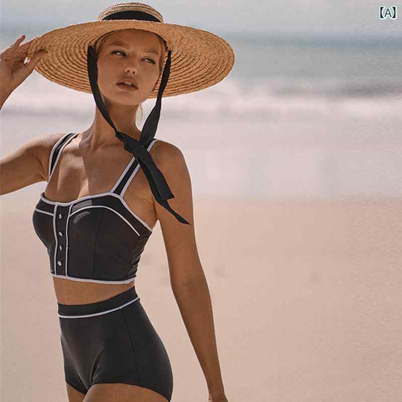 レディース 夏 ビキニ 水着 セクシー 魅力的 ビーチ リゾート レジャー 海水浴 女性 韓国 ハイウエスト カラーマッチング 小さい 胸 プッシュアップ 肩 スパ