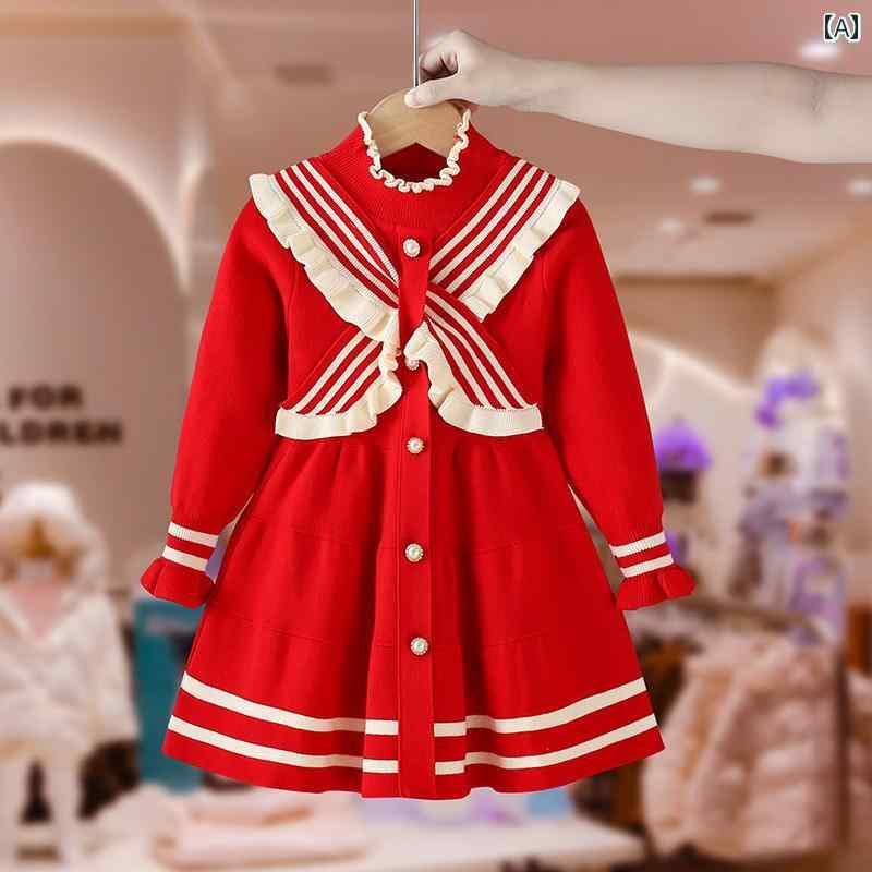 ドレス キッズ ウェア ガールズ セーター 子供服 幼児 赤ちゃん 暖かい ニット 秋冬 赤 新年 プリンセス