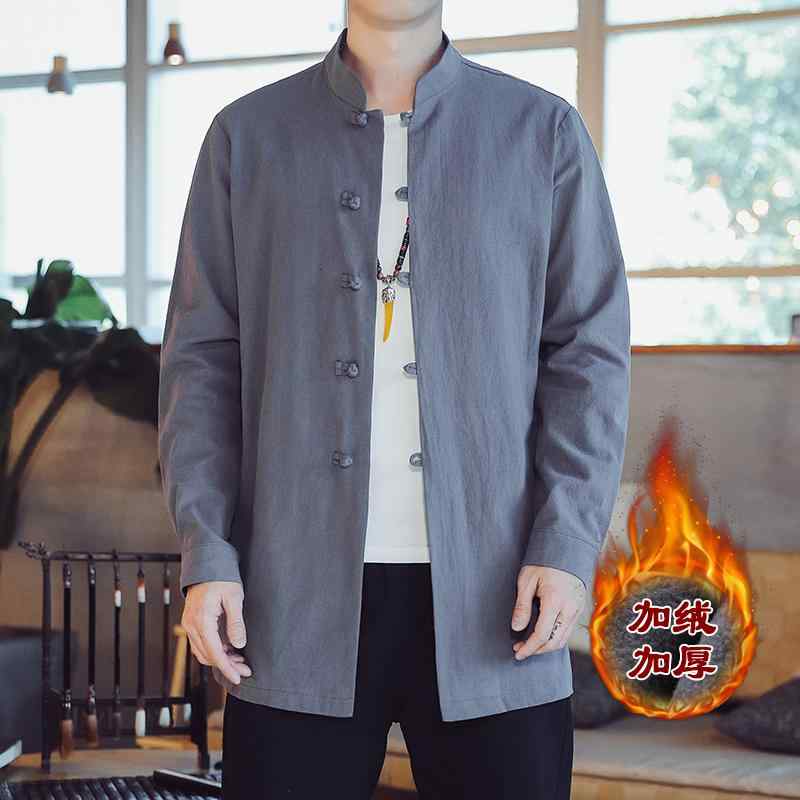 シャツ メンズ 秋 春 長袖 中華風 リネン ベルベット 綿 リネン レトロ ミドル丈 中国 唐 スーツ トップス