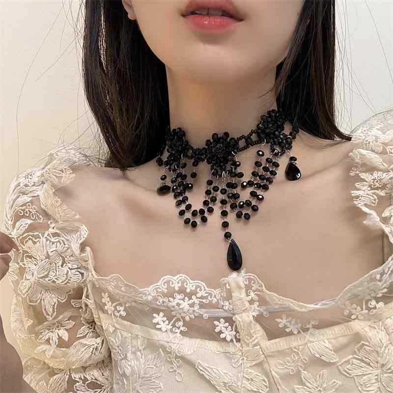チョーカー レディース アクセサリー ブラック ビーズ タッセル ネックレス ネックレス ライト 豪華 美デコルテ