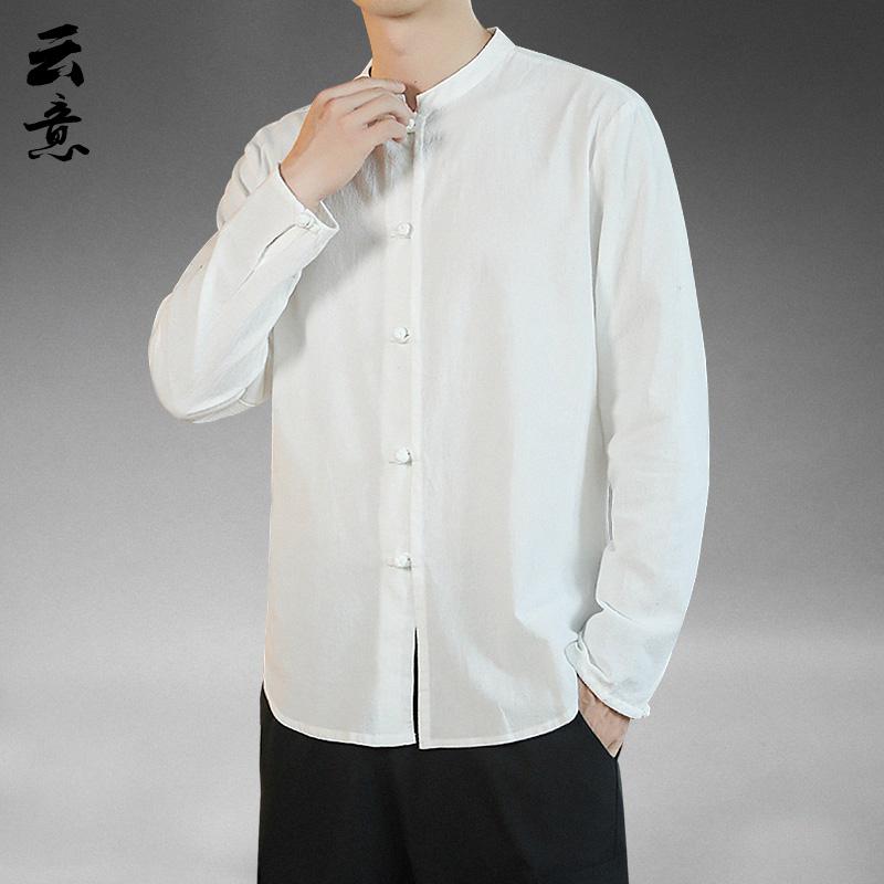 シャツ ジャケット メンズ ファッション 中華風 リネンシャツ 長袖 スタンドカラー プレート ボタン 春秋 唐 綿 リネンシャツ