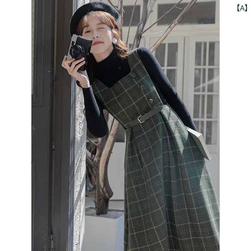 ドレス スカート レディース ファッション かわいい フランス チェック柄 サスペンダー 秋冬 女性 冬 ツーピース セット