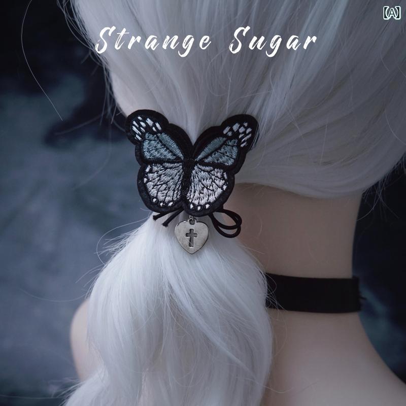 ヘアアクセサリー 装飾品 ヘアゴム 髪飾り 髪留め ダーク ゴシック ゴスロリ 地雷 KPOP シルバー チャーム ハート型 十字架 クロス サブカルチャー 刺繍 蝶 バタフライ アゲハ蝶 刺・墸 ブラック