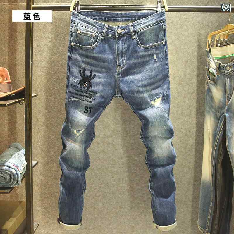 デニムパンツ オールシーズン リップド ジーンズ メンズ スリム フィット パンツ スパイダー ストレッチ デニム ひげ サンドブラスト ロング ストレート|セキュアデポ