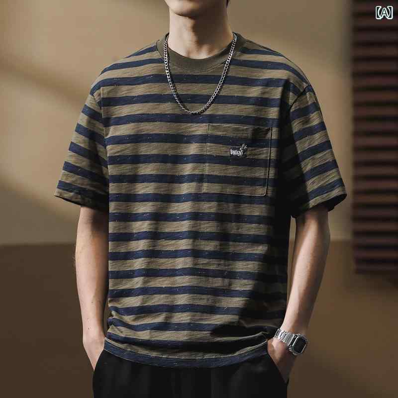 Tシャツ 半袖 夏 メンズ 紳士服 メンズ トップス おしゃれ レトロ ストリート カジュアル ラウンドネック ボーダー