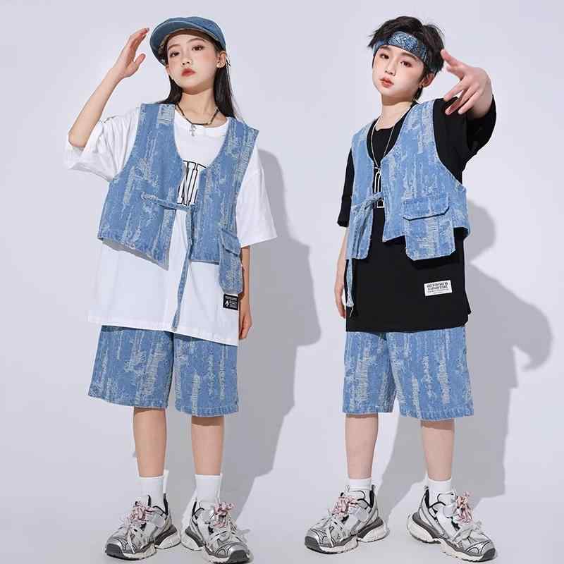 子供服 キッズ ダンス パフォーマンス 衣装 ストリート コスチューム ヒップホップ ステージ おしゃれ デニム 上下セット セットアップ ベスト チョッキ