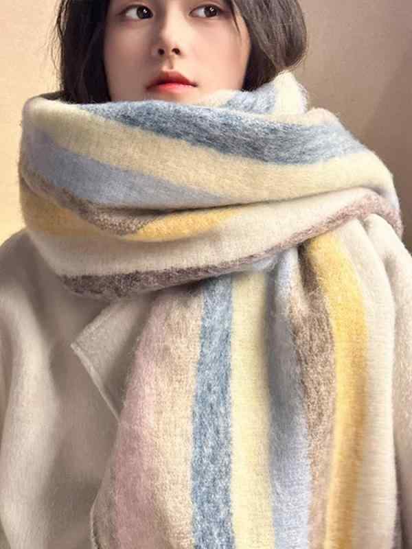 秋 冬 マフラー モヘア ソフト ワックス 状 スカーフ 女性 ストライプ 対照的 色 暖かい 厚手 スカーフ ロング ショール