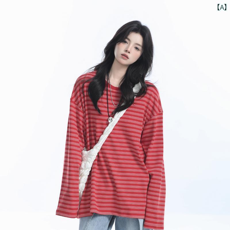 レディース トップス おしゃれ 大きめサイズ 女の子 秋 アメリカン レッド ボーダー 長袖 Tシャツ レディース オーバーサイズ 都会 ラウンドネック レイヤリング シャツ