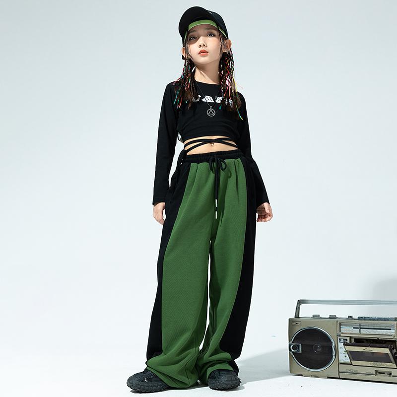 子供 キッズウェア 女の子 ストリート ヒップホップ ファッション パフォーマンス ダンス 衣装 へそ出し 長袖 セットアップ カジュアル かわいい おしゃれ 帽子 ヘアバンド イベント