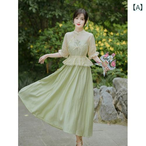 レディース ファッション チャイナ風 ドレス レトロ スタンドカラー ハイウエスト ベルスリーブ Aライン ロング スカート 夏 夏 ｜セキュアデポ