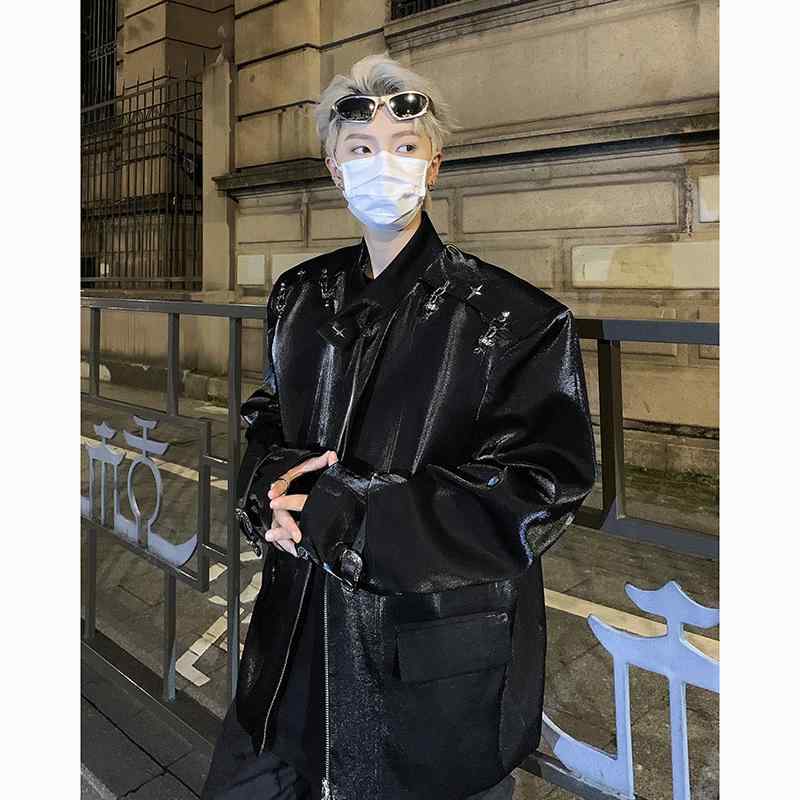 秋 金属 バックル ショルダーパッド ジャケット メンズ ジッパー カーディガン 光沢 ライダース ワイド ブラック アウター