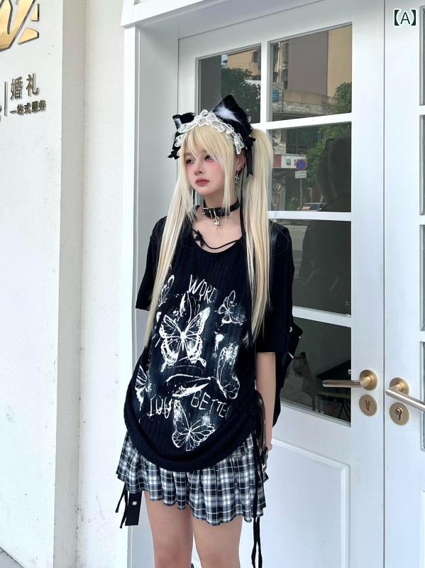 半袖Tシャツ 黒 白 蝶 オーバーサイズ 大きいサイズ ゆったり モノクロ ドレープラフ 夏 カジュアル