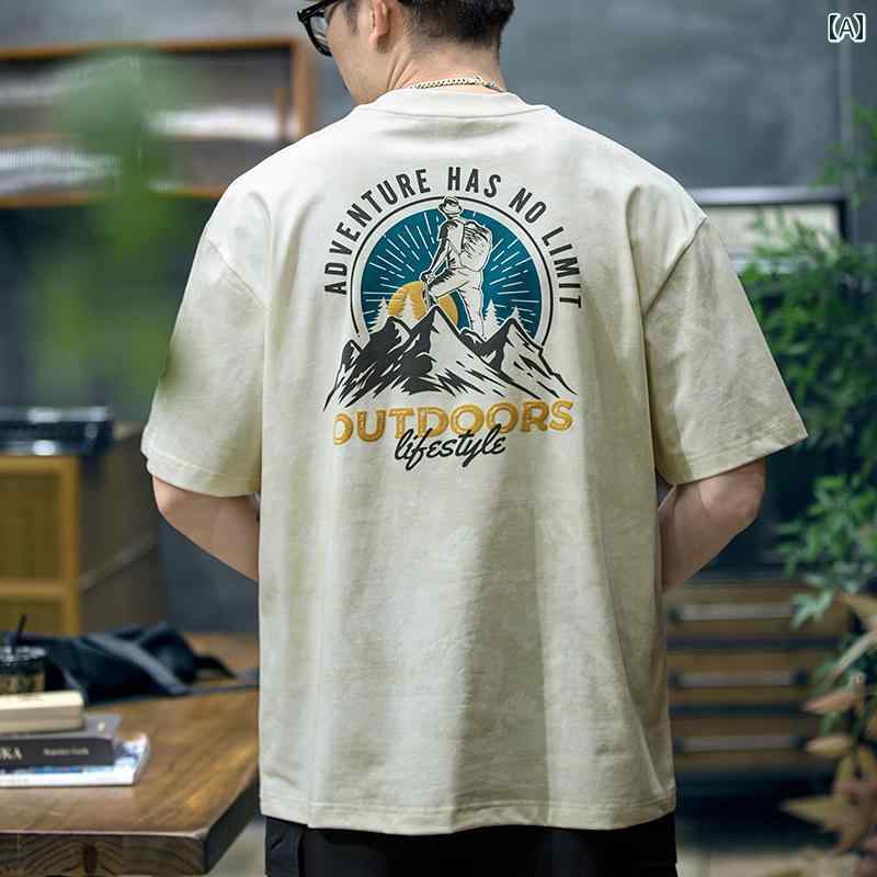 Tシャツ 半袖 シャツ メンズ 夏 ファッション アウトドア プリント トップス レトロ ウォッシュ ゆったり レジャー ラウンドネック ドロップスリーブ