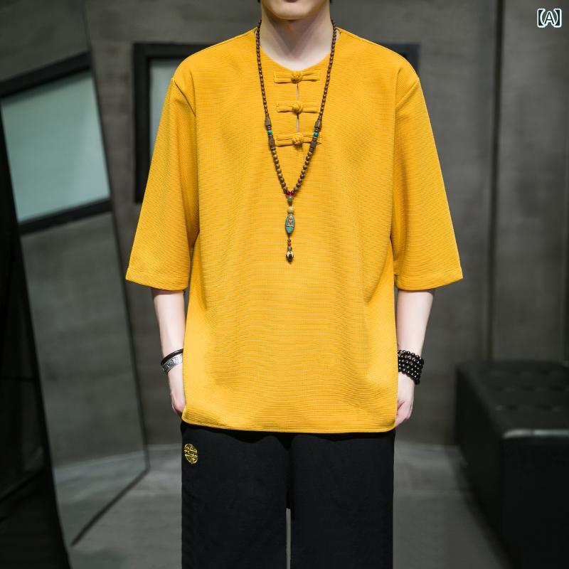 メンズ T シャツ トップス チャイナ風 冷感 中国 唐 スーツ バックル 五分袖 漢服