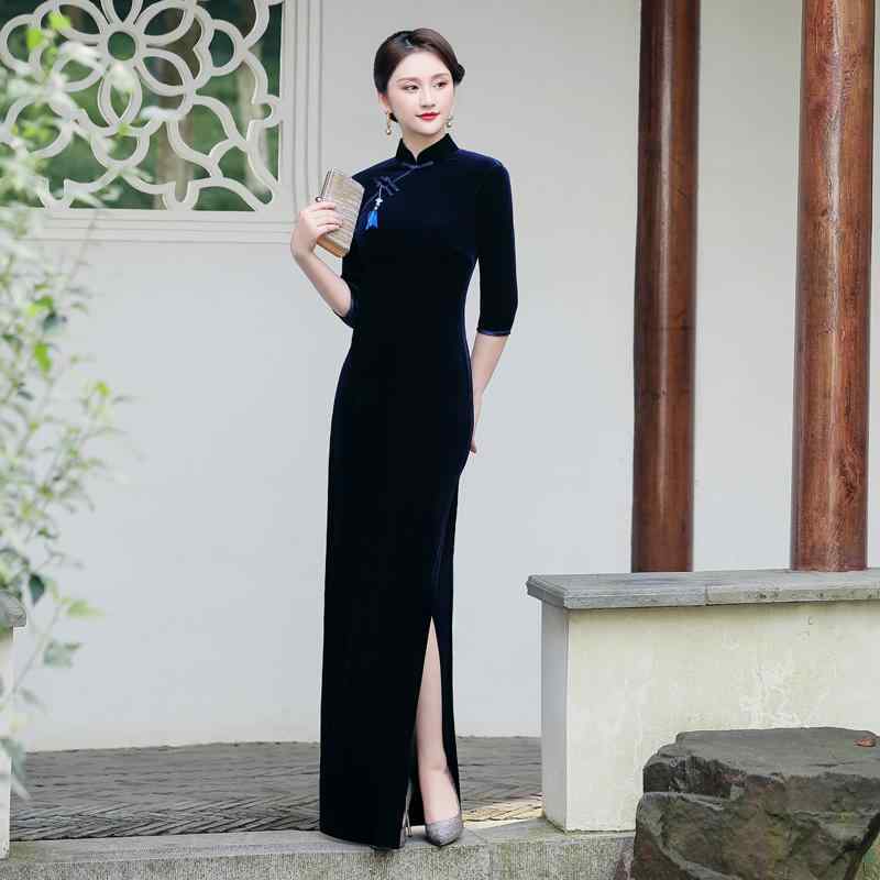 秋冬 長袖 レトロ 無地 デイリー 丈 レトロ チャイナドレス スカート 小柄 低スリット