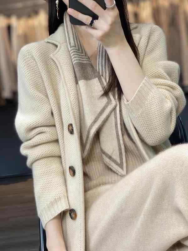 トップス ジャケット レディース セーター カジュアル フレンチ スーツ カラー 春 100 ハニカム ニットカーディガン 女性 厚手 セーター｜セキュアデポ