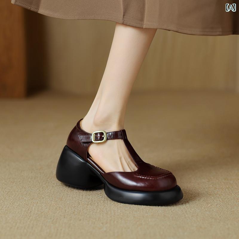 レディース ミュール サンダル オフィス おしゃれ 履きやすい レトロ 革 厚底 メリージェーン シューズ 女性 ラウンドトゥ つま先 子供 革靴 高める