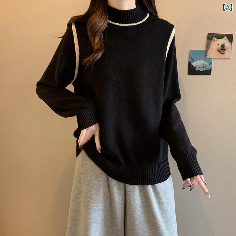 トップス ハーフ タートルネック おしゃれ 女性用 フェイク ツーピース ニット セーター 秋冬 大きめ サイズ お腹 カバー ニット
