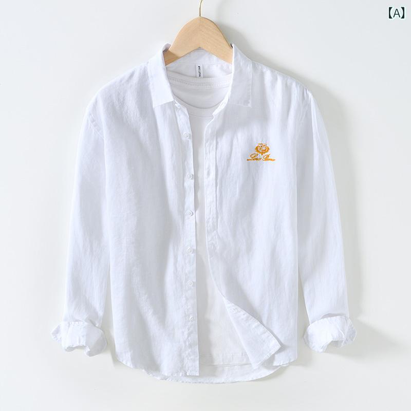 メンズ トップス シャツ シンプル サマー リネン 長袖 薄手 通気性 爽か 刺繍入り リネンシャツ ハイエンド