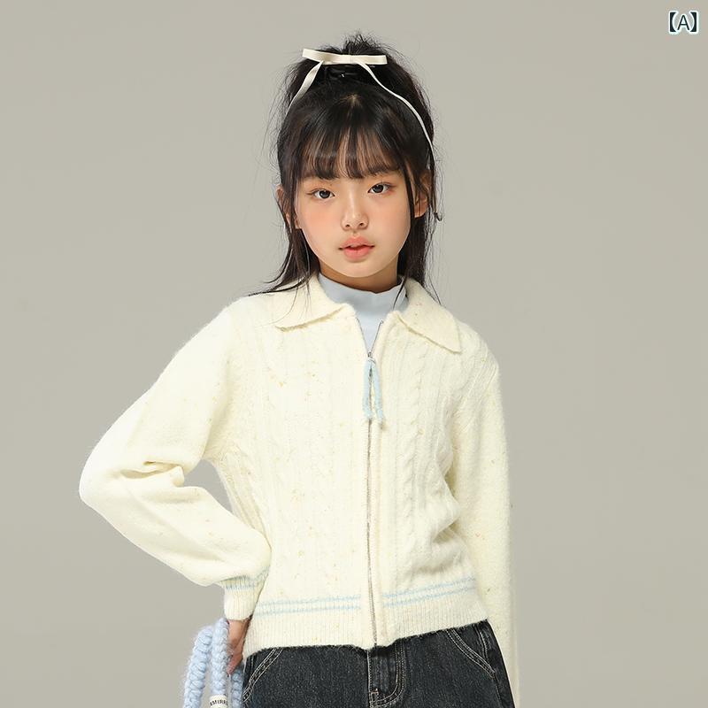 トップス 子供服 おしゃれ ナチュラル 普段着 キッズ 女の子 秋冬 ニット セーター クリーム ホワイト セーター 大きい 子供用 ショート 厚手 アウタージャケット