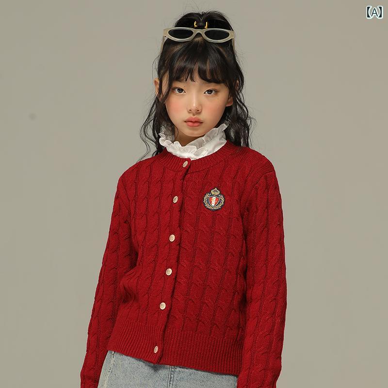 トップス 子供服 おしゃれ ナチュラル 普段着 キッズ 小さい 女の子 秋冬 赤い ツイスト ニット セーター 子供 ラウンドネックカーディガン レトロ｜セキュアデポ
