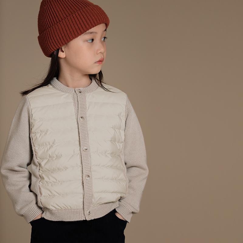 トップス ジャケット 子供服 おしゃれ ナチュラル 普段着 キッズ 冬 暖かい 90 ホワイトダックダウン スプライス ダウン ニットカーディガン 男の子 女の子用
