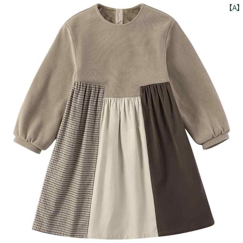 ドレス ワンピース キッズ かわいい ナチュラル 子供服 冬 子供 和風 小さい フレッシュ 対照的 色 ステッチ 女性 ベルベット 長袖｜セキュアデポ