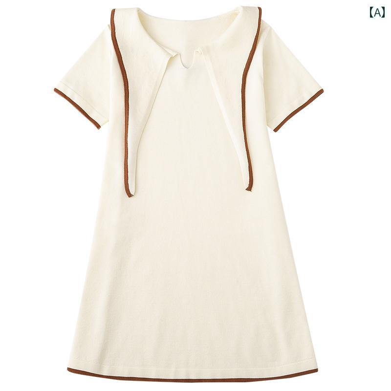 ドレス ワンピース キッズ かわいい ナチュラル 子供服 春夏 子供 親子 細かく 織られた ネイビーカラー ニット 半袖 女の子用