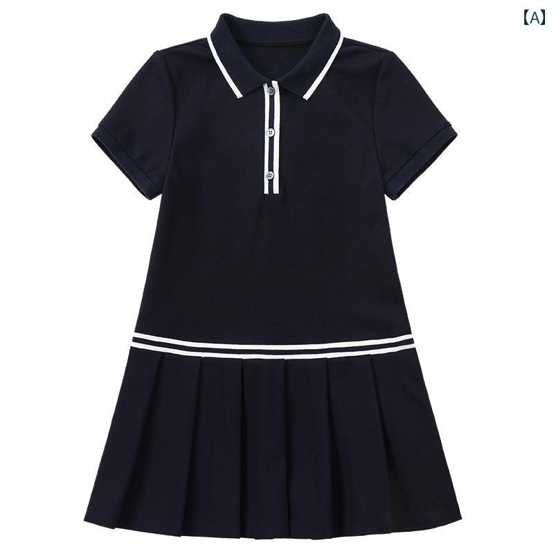 スカート ドレス ワンピース キッズ かわいい ナチュラル 子供服 夏 プリーツスカート ネイビーブルー カレッジ スタイル ポロ 半袖 女の子 夏 薄手