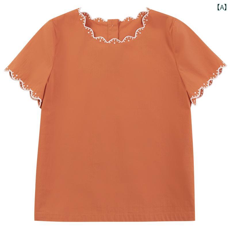 シャツ トップス Tシャツ キッズ おしゃれ ナチュラル 子供服 夏 肌に優しい 綿 子供 オレンジ レース カジュアル 半袖 女の子 夏服