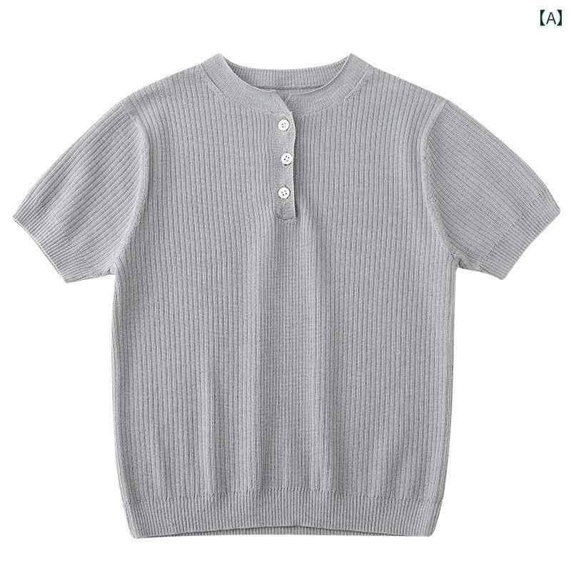 トップス プルオーバー キッズ 格好のいい 自然的 赤ちゃん服 春夏 赤ちゃん用 軽く 分かりやすい 親子 ラウンド首っ玉 編み物 半袖 中型 大型 お嬢さん用