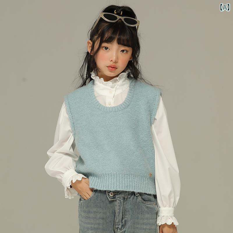 トップス ノースリーブ ベスト 子供服 カジュアル ナチュラル 普段使い キッズ 小さい 女の子 春秋 U ネック ウール 柔らかい ワックス 状 ベスト 大きい お 子様 ハイエンド レイ ヤード ベスト