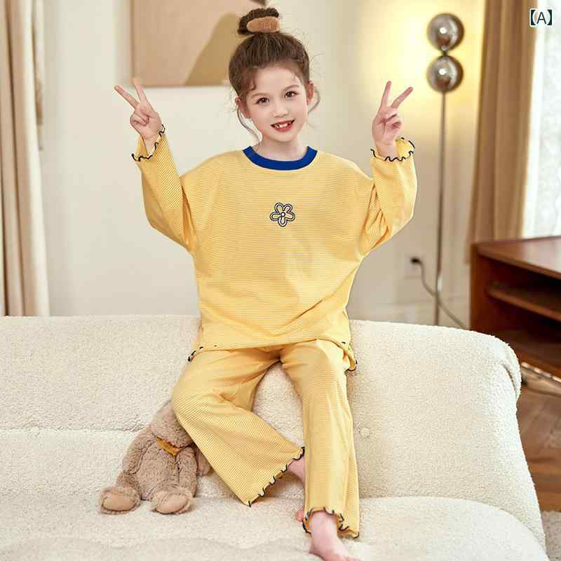 キッズ パジャマ ルームウェア 子供服 綿 セット スタイル 女の子 長袖 春秋 ホーム 服 女の子 快適 服 ラウンドネック 春