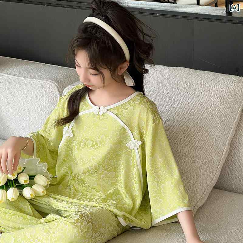 キッズ パジャマ ルームウェア 子供服 夏 女の子 ホーム 服 セット 中華風 セット 子供 大きい 女の子 快適 服 綿