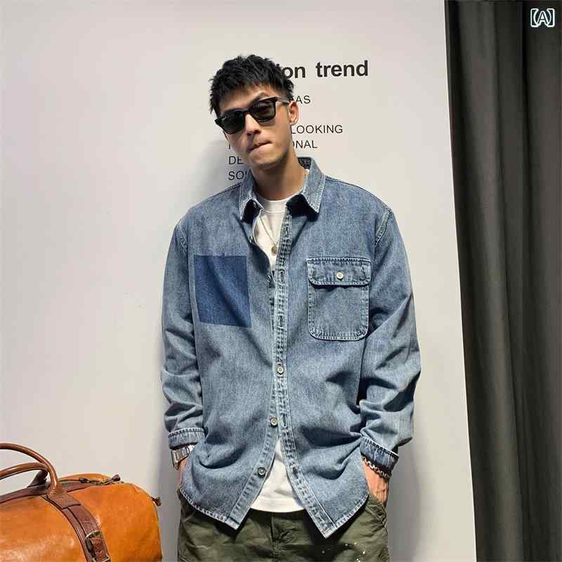 長袖 ティーシャツ メンズ メンズ 歳月 トップス 上衣 アメリカン ジーンズ ウォッシュド レトロ ヴィンテージ風 表どおり 襟 衣嚢かざり付ける ダブル前胸部 都会 綿混紡 ポリウレタン直線コース衣料繊維 余暇 心地よい カジュアルシャツ-トップス-メンズファッション