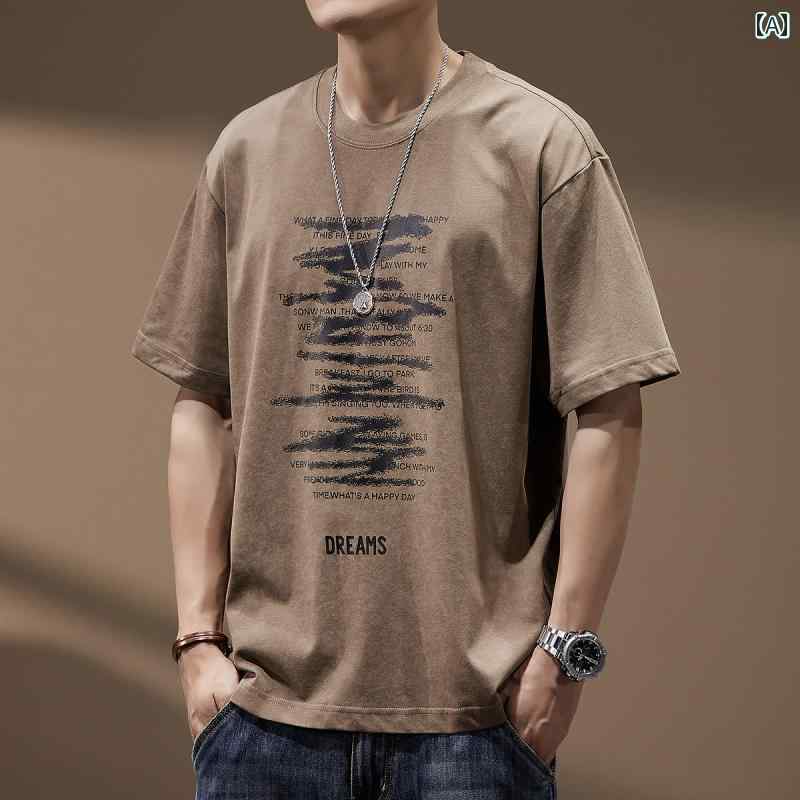 Tシャツ 半袖 夏 メンズ 紳士服 メンズ トップス おしゃれ レトロ ストリート カジュアル ラウンドネック プリント