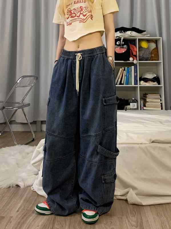 パンツ デニム メンズ レディース 中国的 ー アメリカン レトロ ジーンズ ストレート レッグ ワイド レッグ ヒップ ホップ ヒップ ホップ ワークウェア ブルー