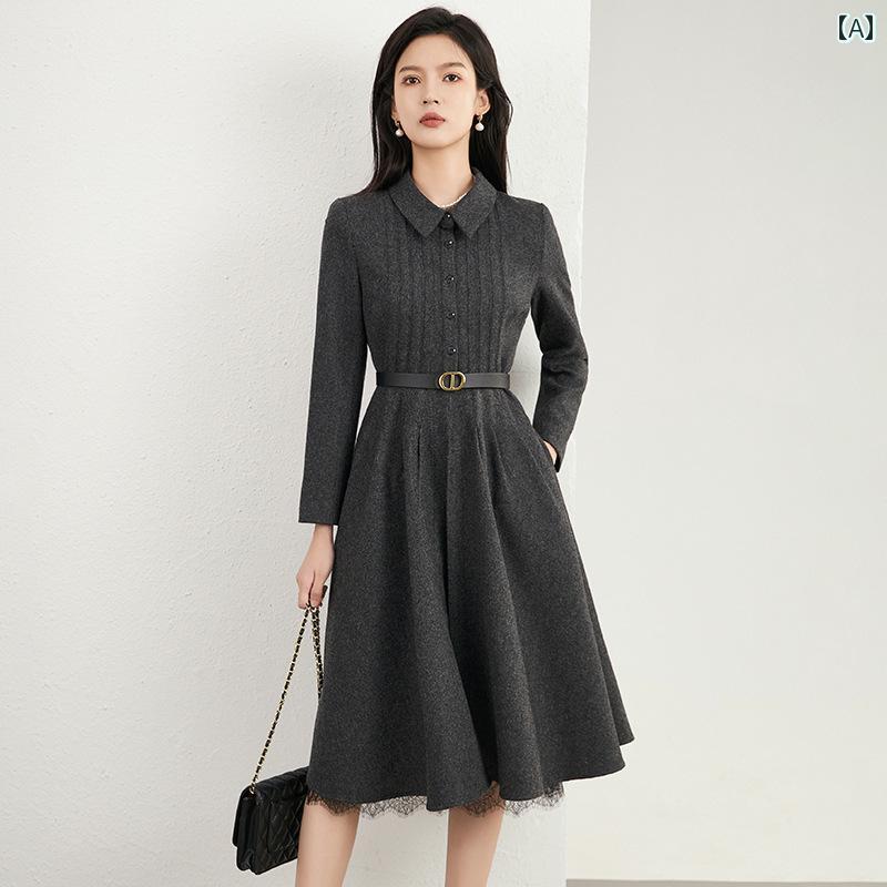 レディース ワンピース きれいめ 上品 マザーズ 婦人服 春 通勤 ウール ドレス 女性 ウエスト スリム ハイエンドミドル丈 スカート
