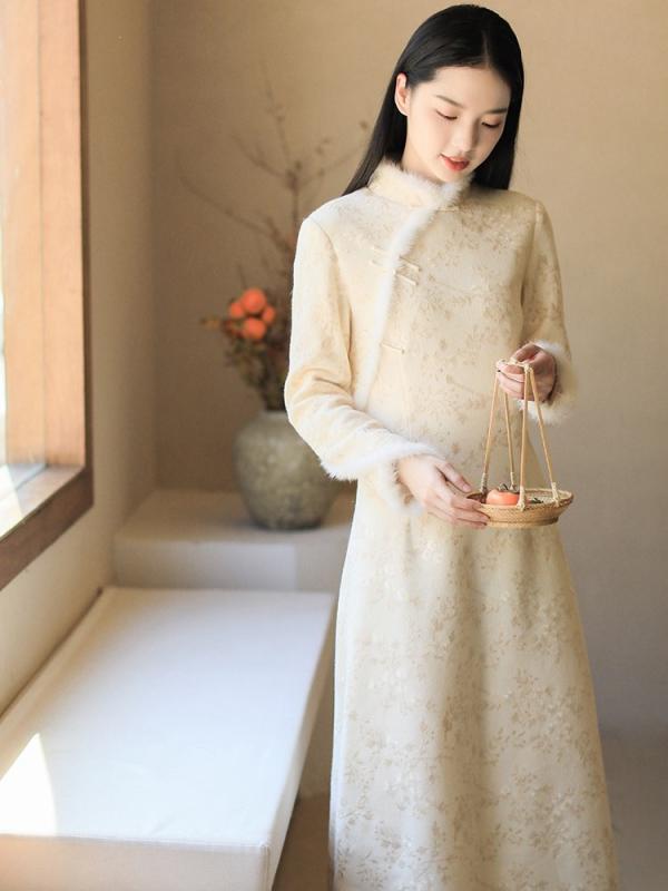 ドレス レディース 秋 冬 ファッション ステッピング ブランチ 中華 肥厚 暖かい 茶師服 瞑想 若い チャイナ ウエスト