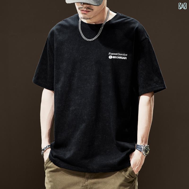 Tシャツ おしゃれ メンズ 半袖 夏 ストリート アメリカン カジュアル 紳士服 メンズ ゆったり トップス レトロ ラウンドネック シンプル