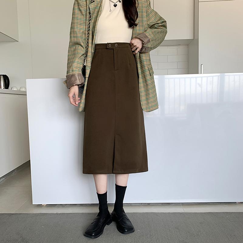 スカート レディース 秋 冬 ウール ハイウエスト 大きめ サイズ コーヒー カラー スリム ミドル丈 aライン 快適 スリット カーキ