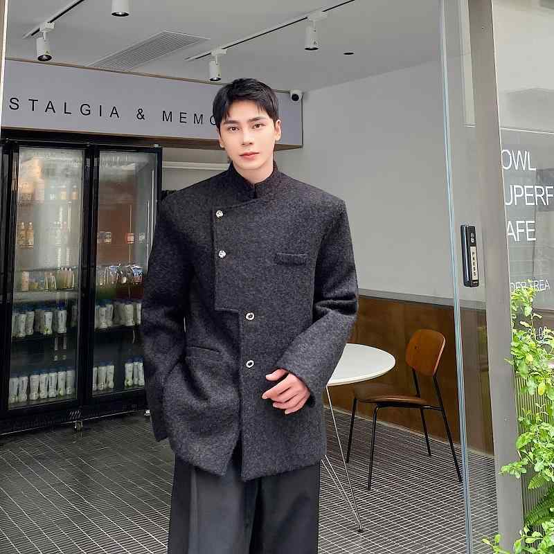 コート メンズ 冬 ウール 中華風 スタンドカラー チュニック スーツ 厚い レトロ 斜め前 立て トップス