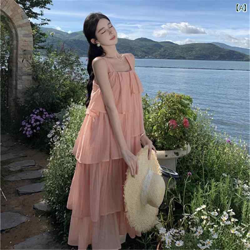 レディース リゾート ワンピース ビーチ 写真撮影 衣装 服 ピンク 優しい サスペンダー ドレス スーパー フェアリー 甘く ガーリー ノースリーブ フリル ケーキ スカート