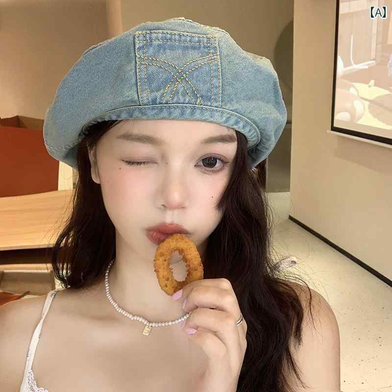 レディース オールド デニム ベレー帽 カジュアル 和風 レトロ ビッグヘッド 画家の帽子 韓国 小顔見せ つぼみ 帽子 個性派 ファッション