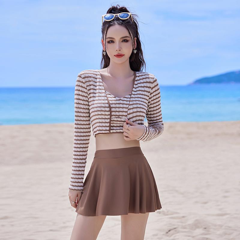 水着 レディース ファッション 夏 夏 ラウンドネック ブラック コーヒー 長袖 スカート セパレート スイミング