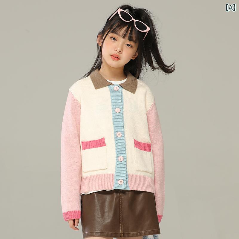 ポロシャツ キッズ おしゃれ ナチュラル 小さい 女の子 対照的 色 ステッチ 子供用 セーター カーディガン M L 子供用 カラー POLO セーター